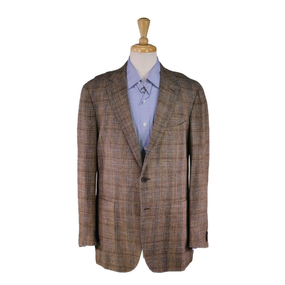 Suitsupply Havana Brown w/ Blue Check Wool-Linen-Silk Patch Pocket Blazer 46R